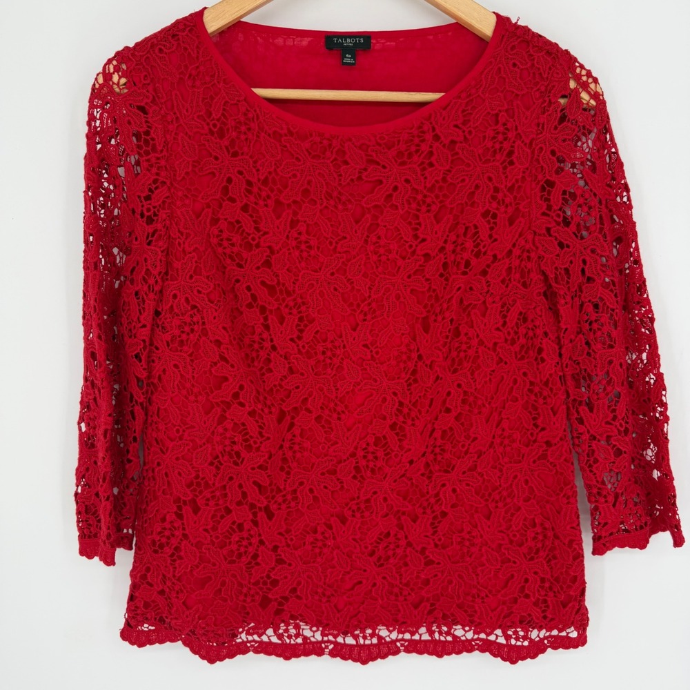 Talbots Petites Red Floral Lace Top 3/4 Sleeve Scalloped Hem Feminine Size 6P